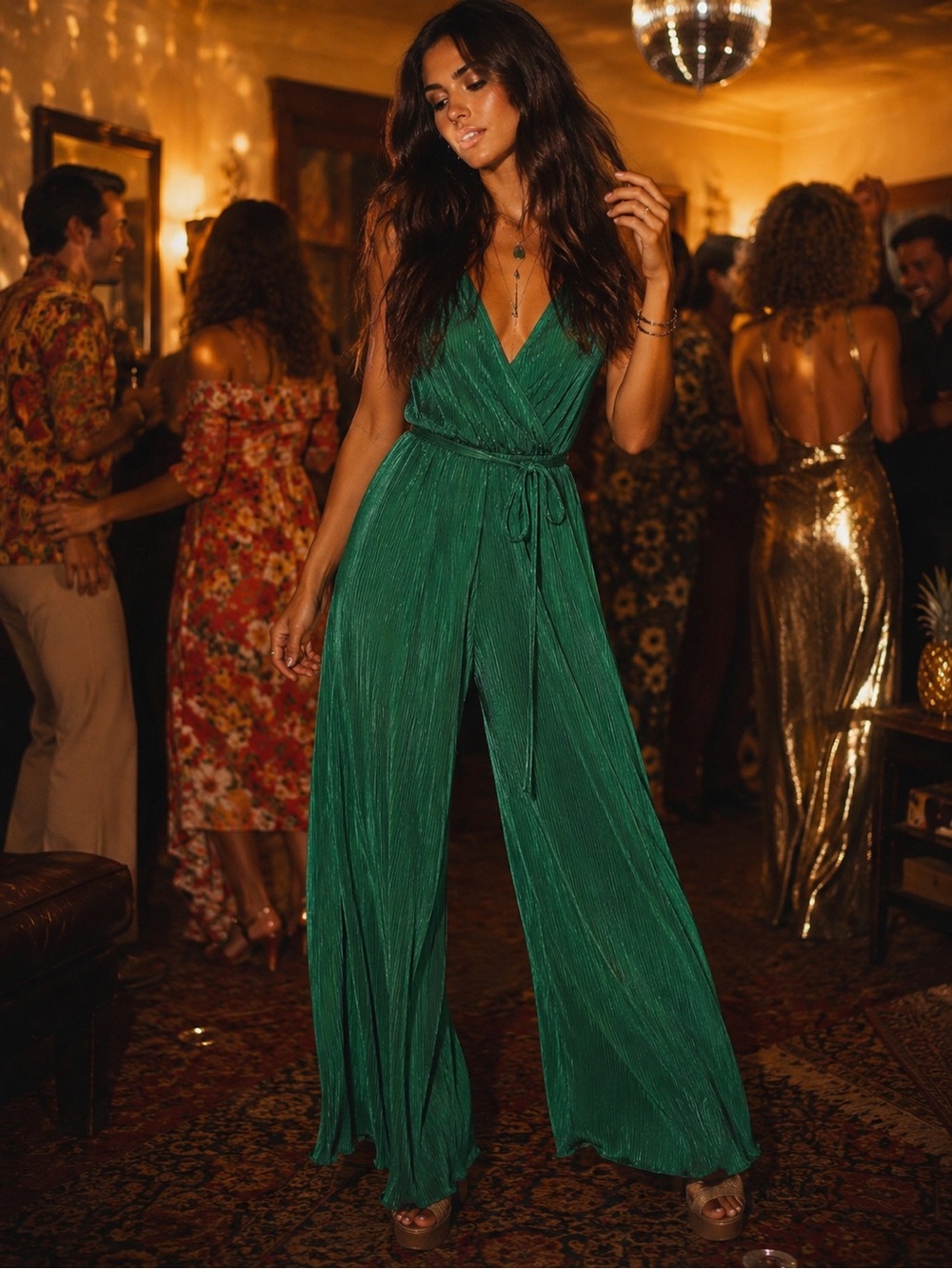 DKNY Green Pleated Slinky 70s style jumpsuit